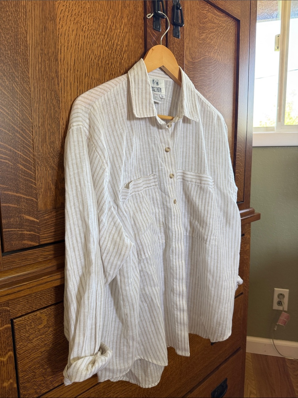 Together White and Light Gray Striped Women’s Linen Button-Down Shirt